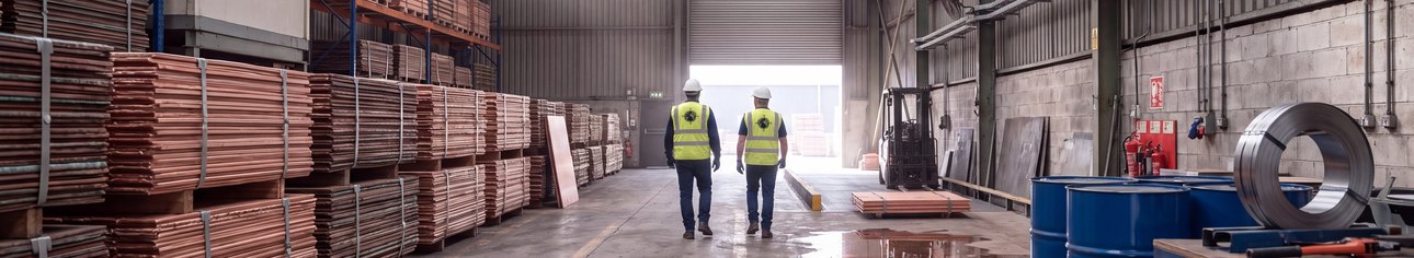 Dos operarios recorren un almacén de paquetes de metal apilados