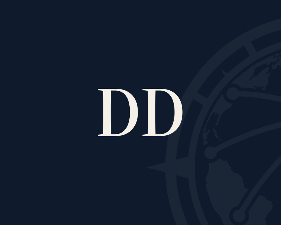 The firm’s navy backdrop with the initials DD